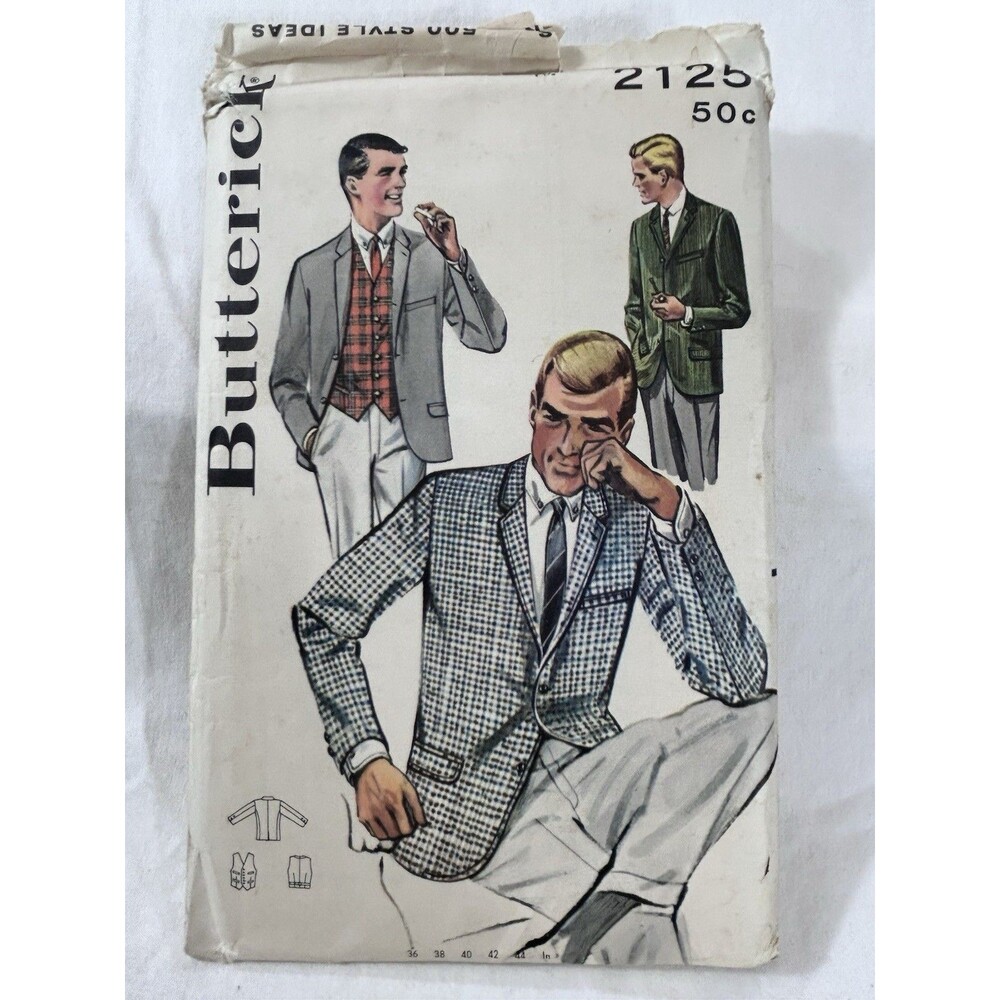 Vintage 1963 Butterick 2125 Men's Sports Coat Jacket Vest Pattern Sz 42 Mad Men